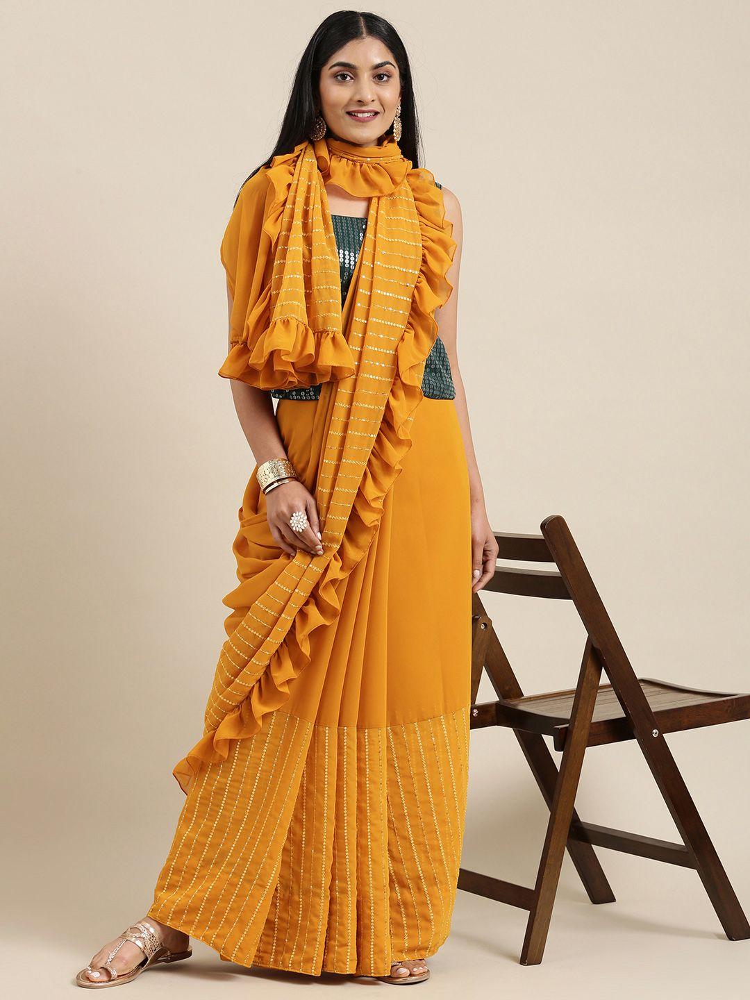 ethnovog green  mustard striped half and half saree