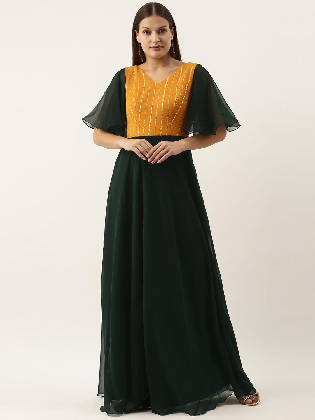 ethnovog green  mustard yellow colourblocked georgette ethnic maxi dress