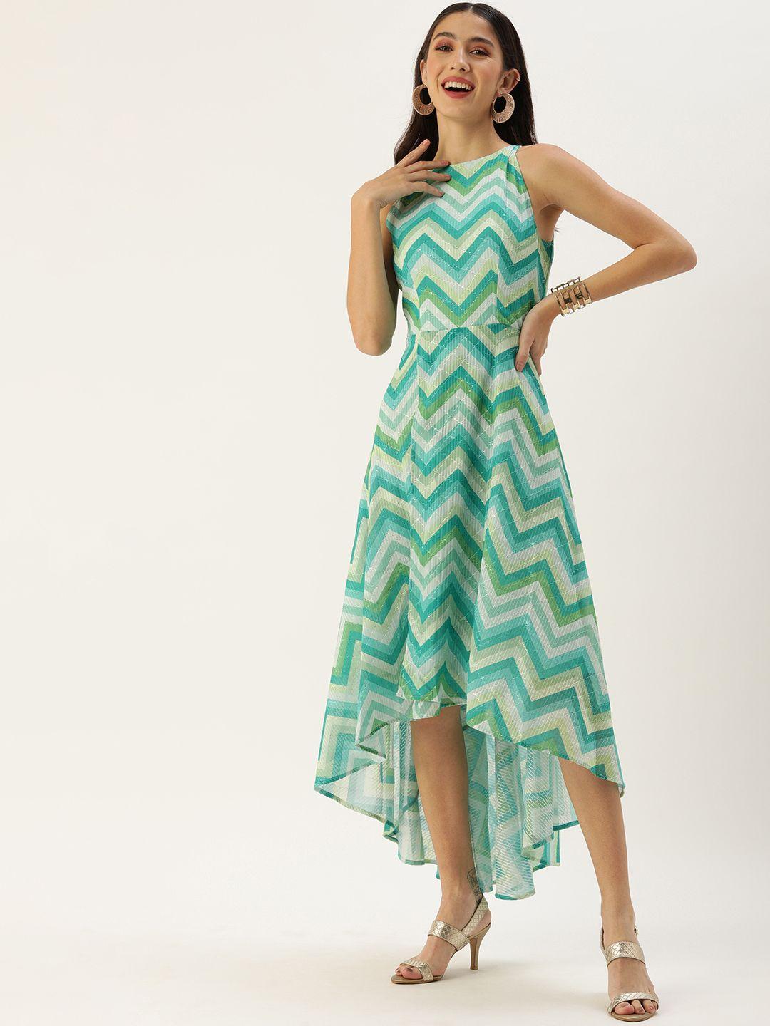 ethnovog green  white made to measure chevron printed a-line maxi dress