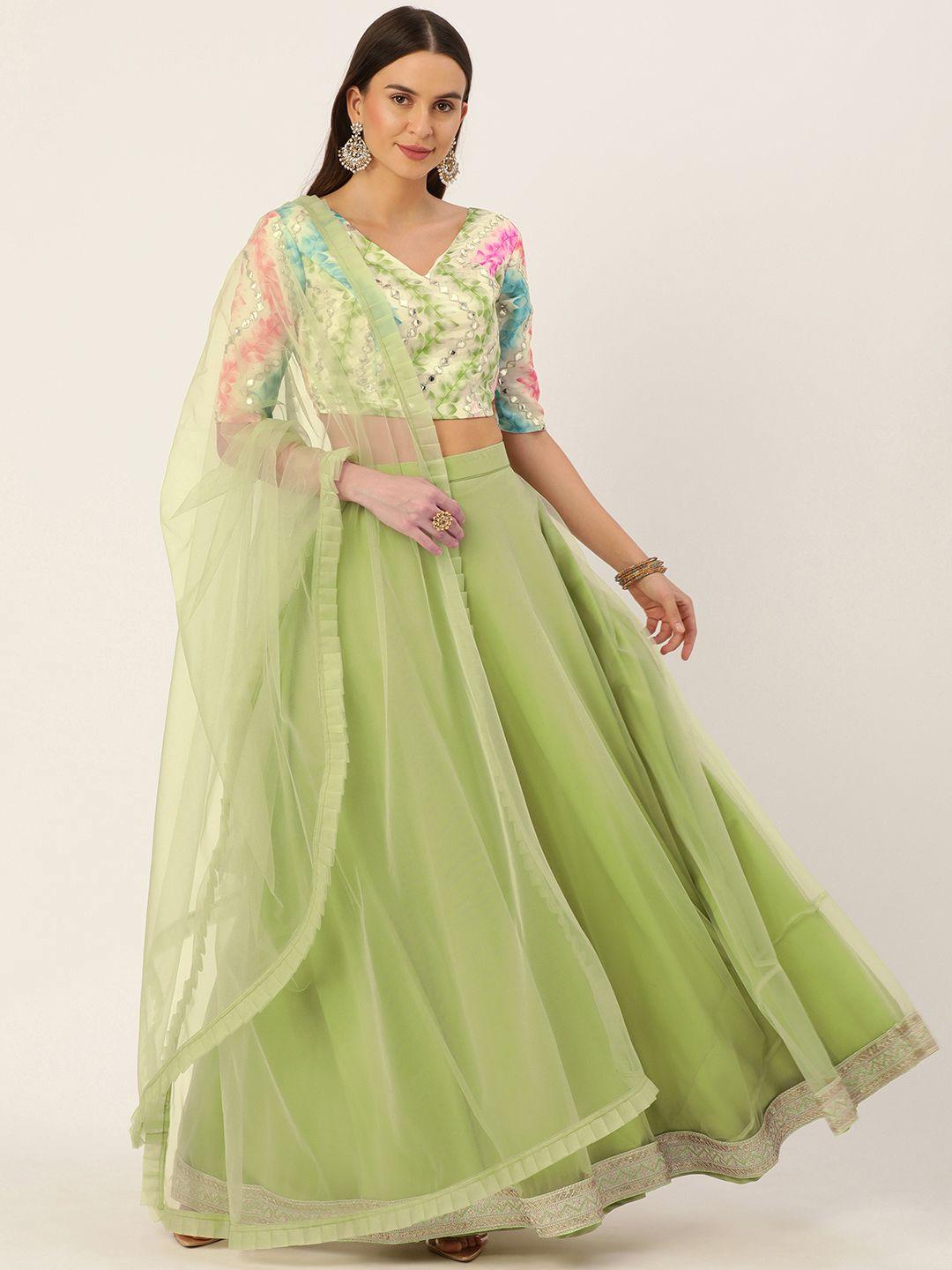 ethnovog green  white printed mirror work made to measure lehenga  blouse with dupatta