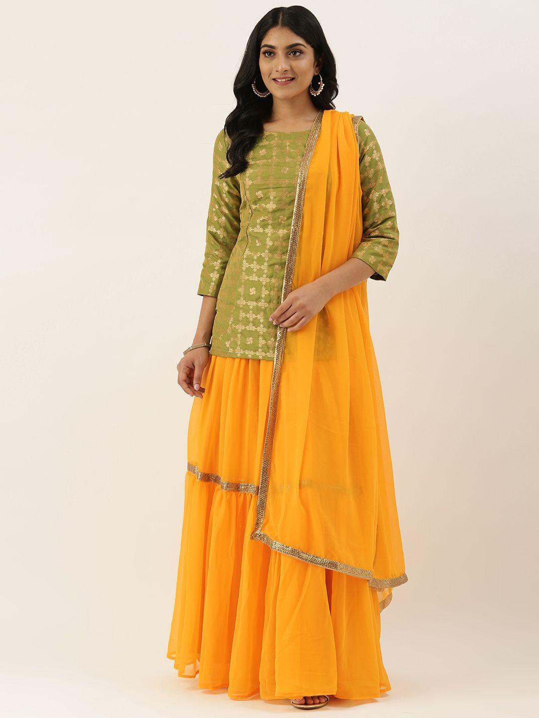 ethnovog green  yellow woven design made to measure lehenga  blouse with dupatta