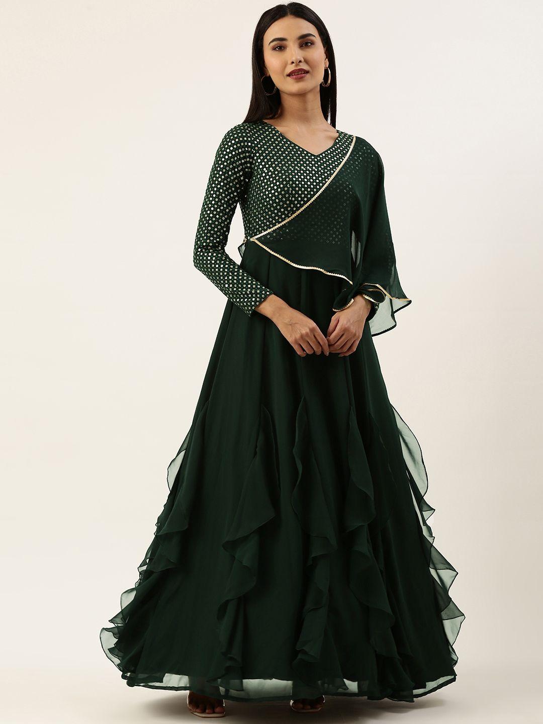 ethnovog green embellished georgette maxi dress