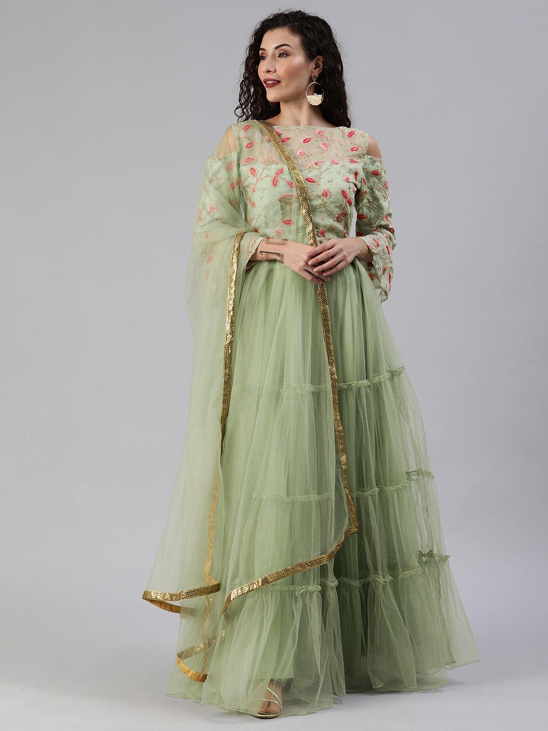 ethnovog green embroidered made to measure lehenga  blouse with dupatta