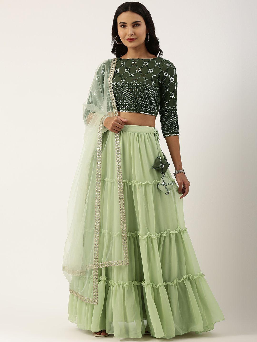 ethnovog green embroidered sequinned made to measure lehenga  blouse with dupatta