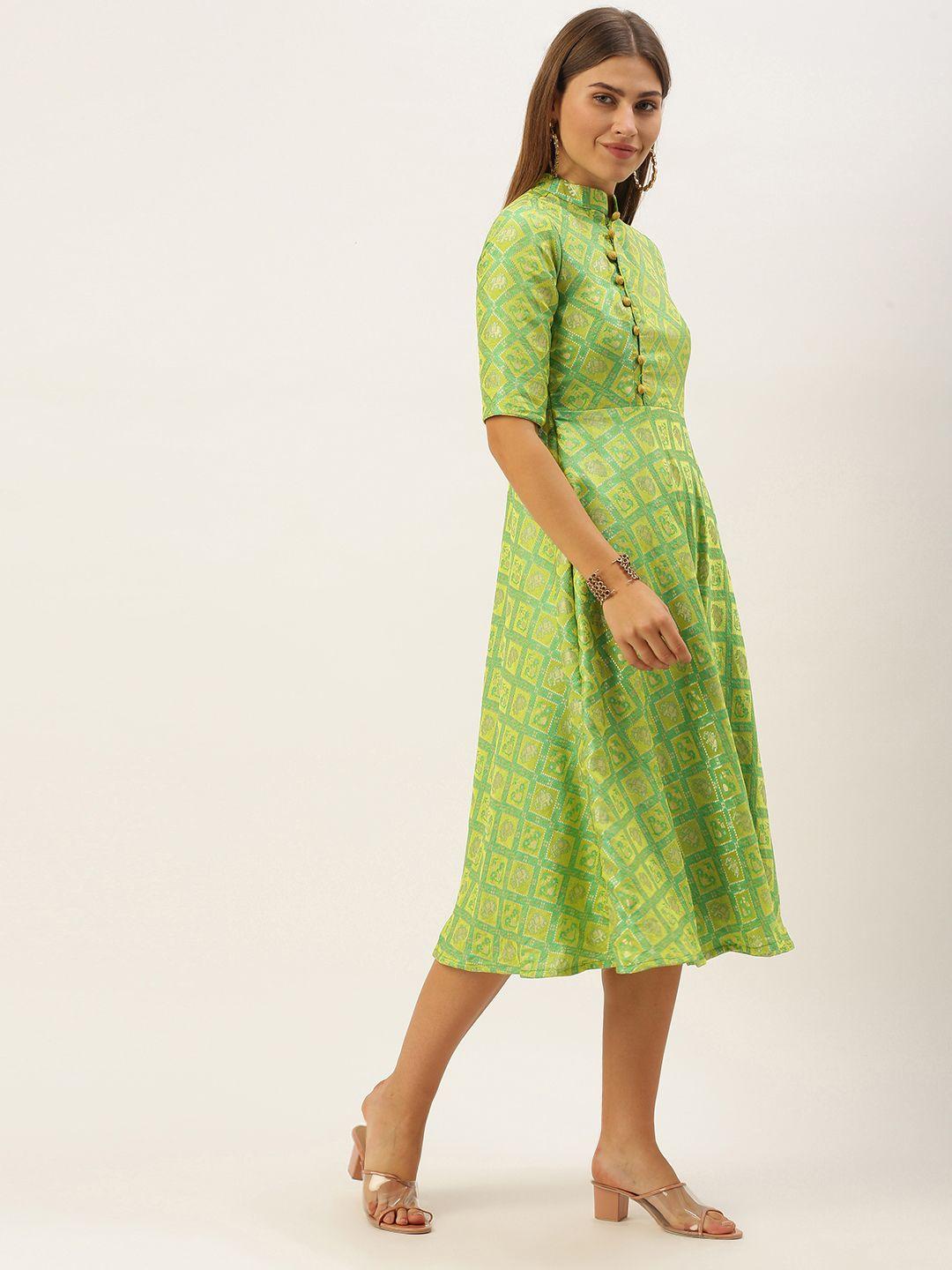 ethnovog green ethnic motifs a-line midi dress