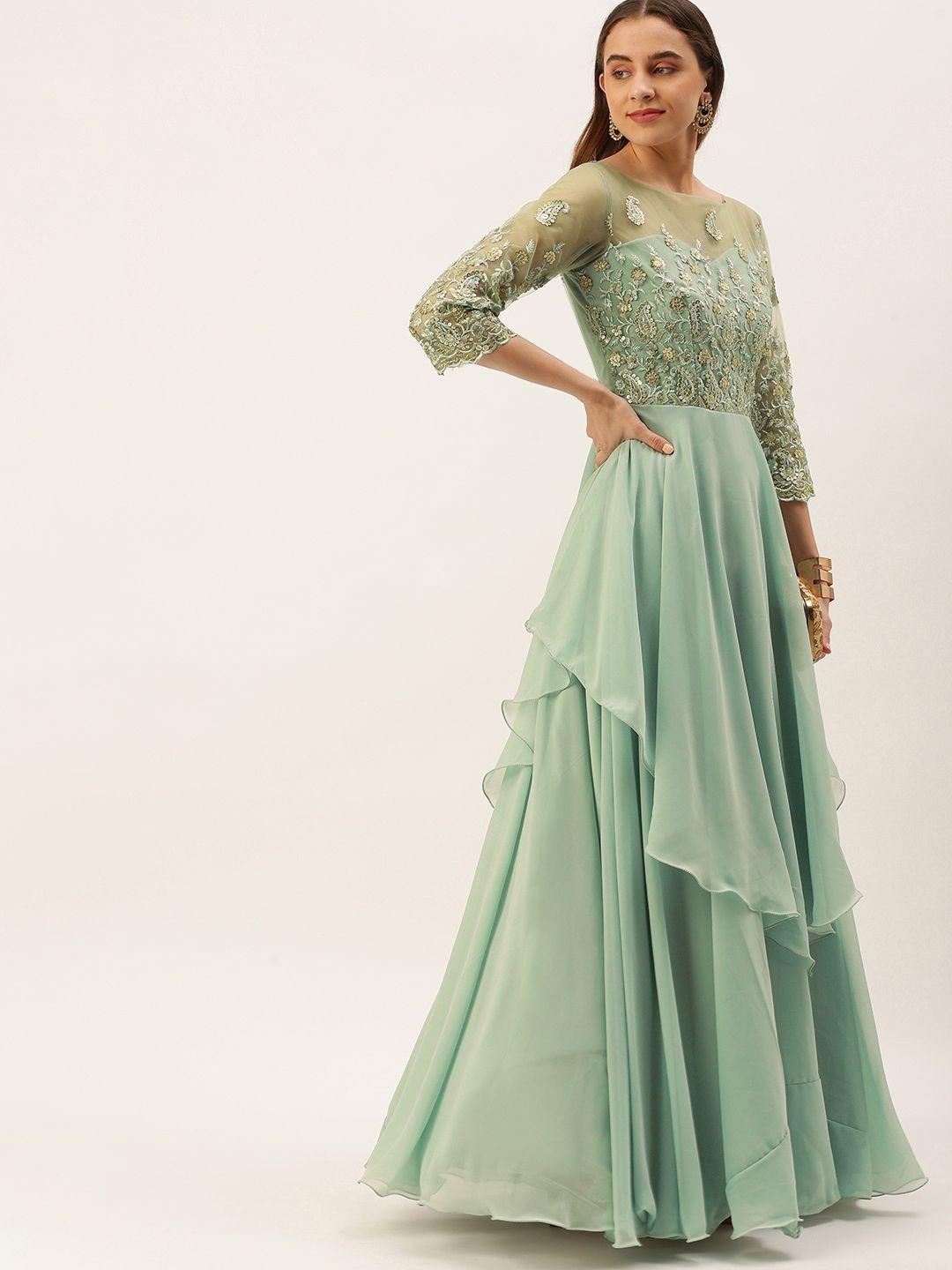 ethnovog green floral embroidered georgette ethnic maxi dress