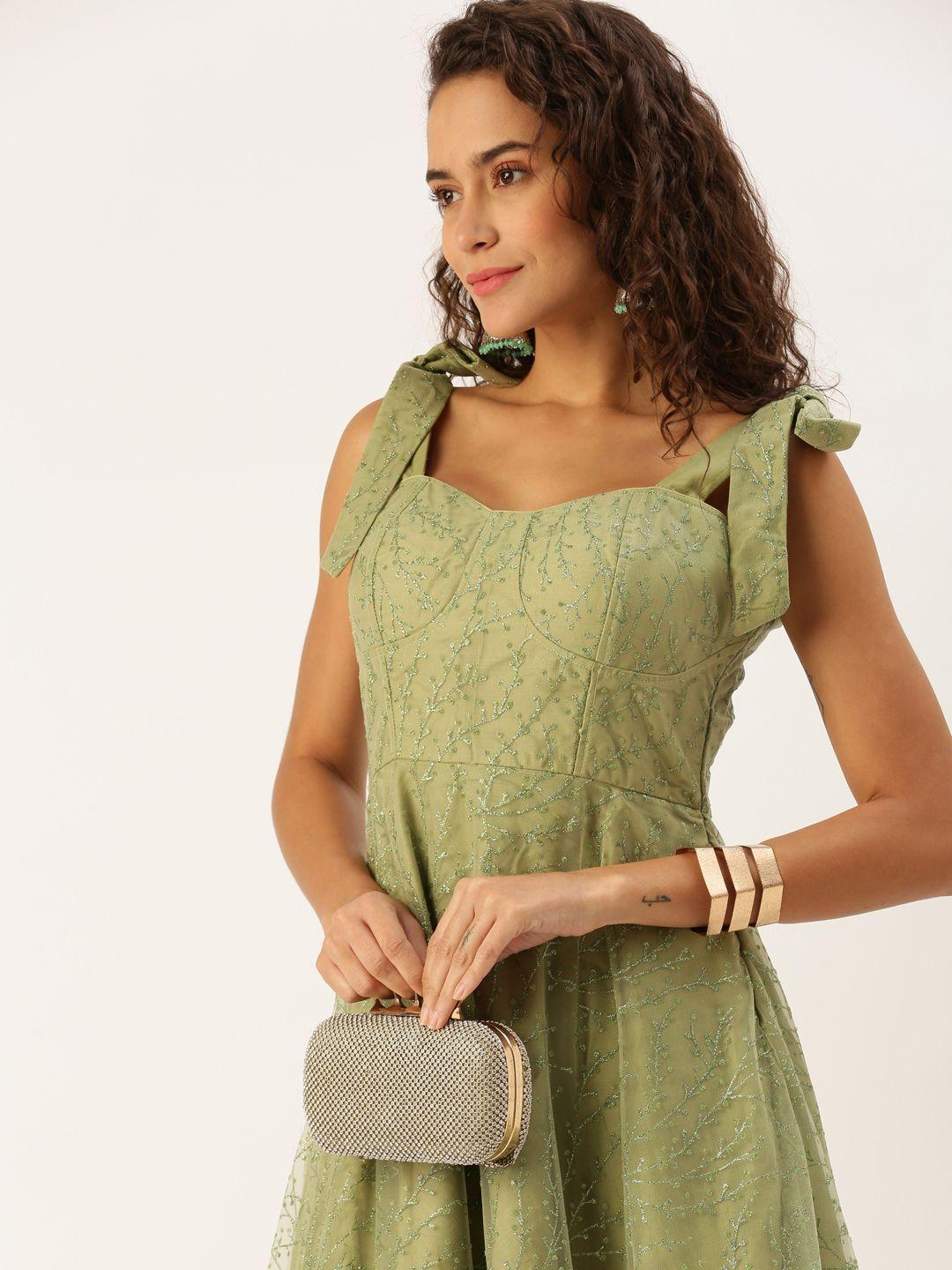 ethnovog green floral embroidered net fit & flare midi dress