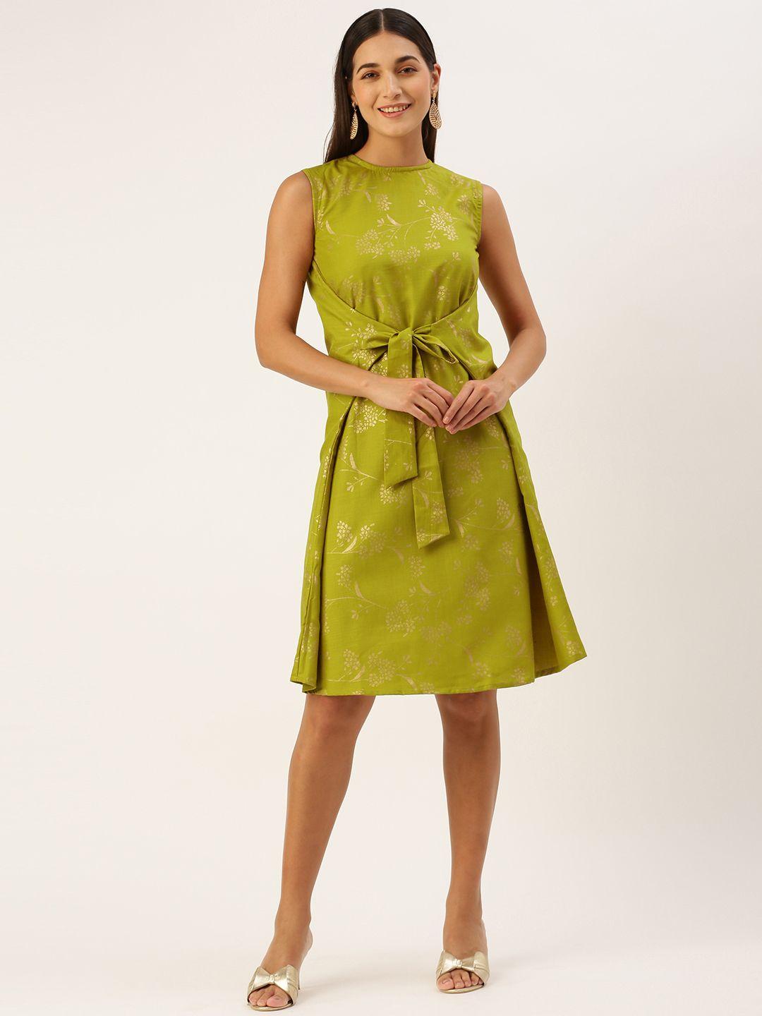 ethnovog green floral print a-line dress