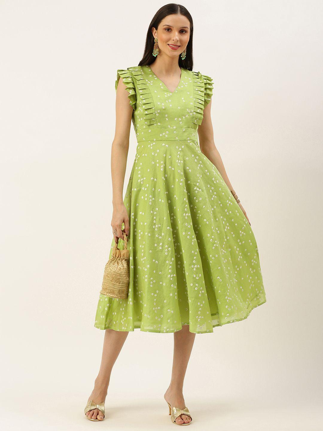 ethnovog green made to measure pure cotton floral a-line midi dress