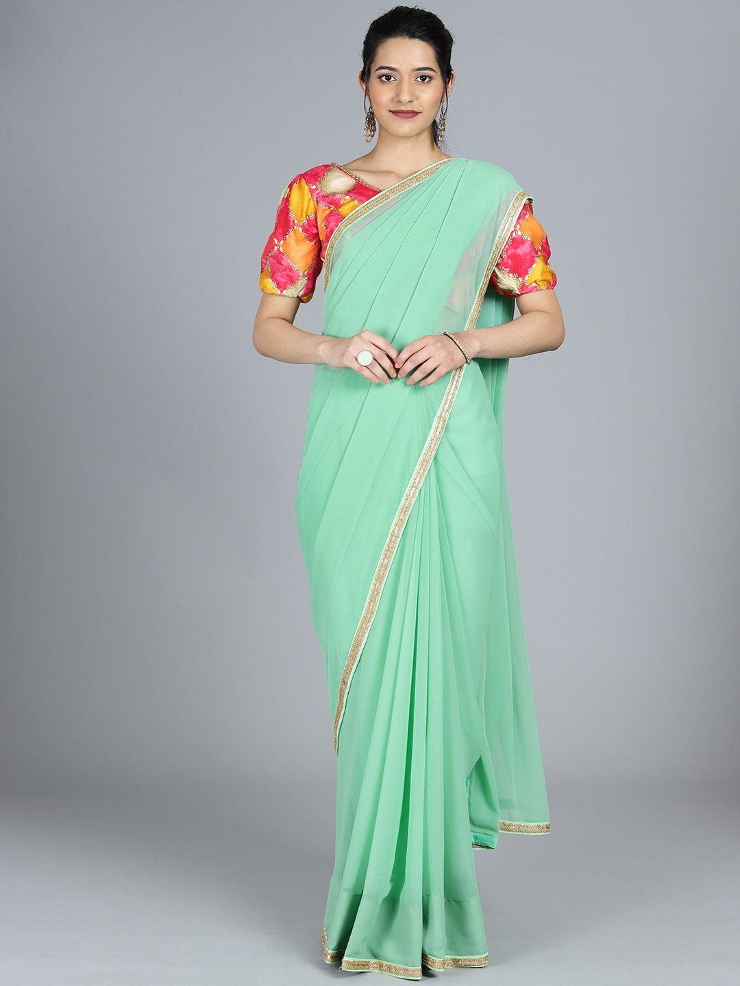 ethnovog green solid poly georgette saree with stitched blouse