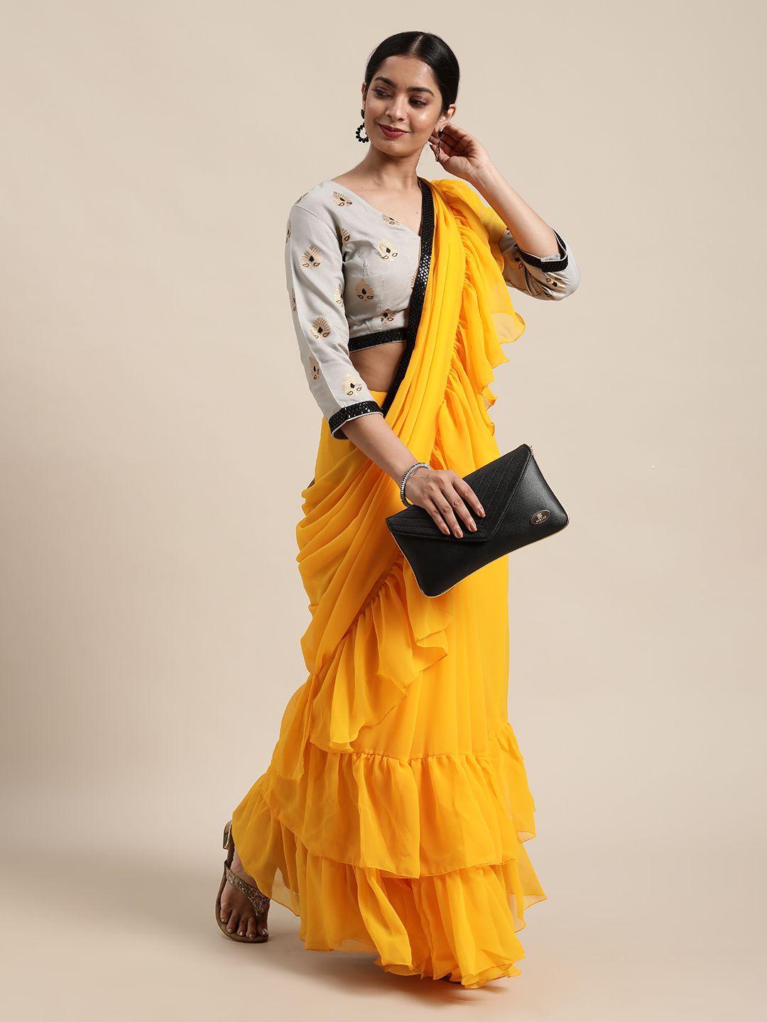 ethnovog grey  yellow ready to wear saree