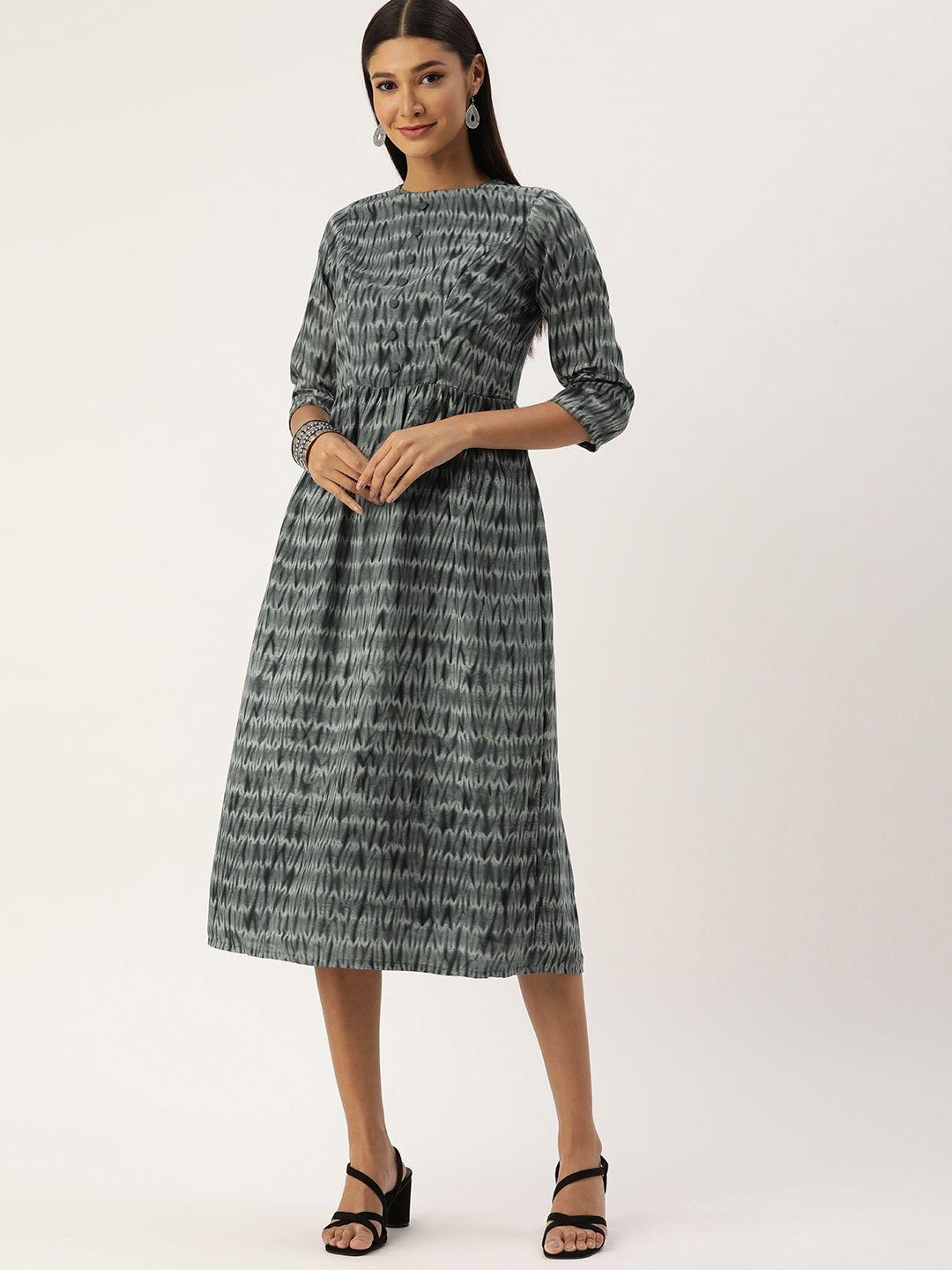 ethnovog grey printed midi dress