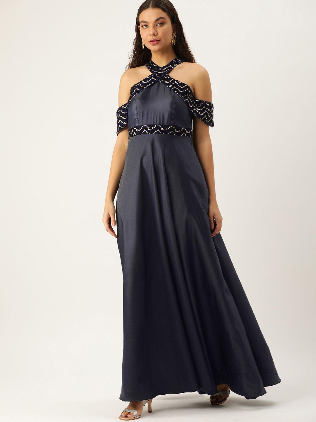 ethnovog halter neck cold-shoulder sleeves embroidered sequinned a-line maxi dress