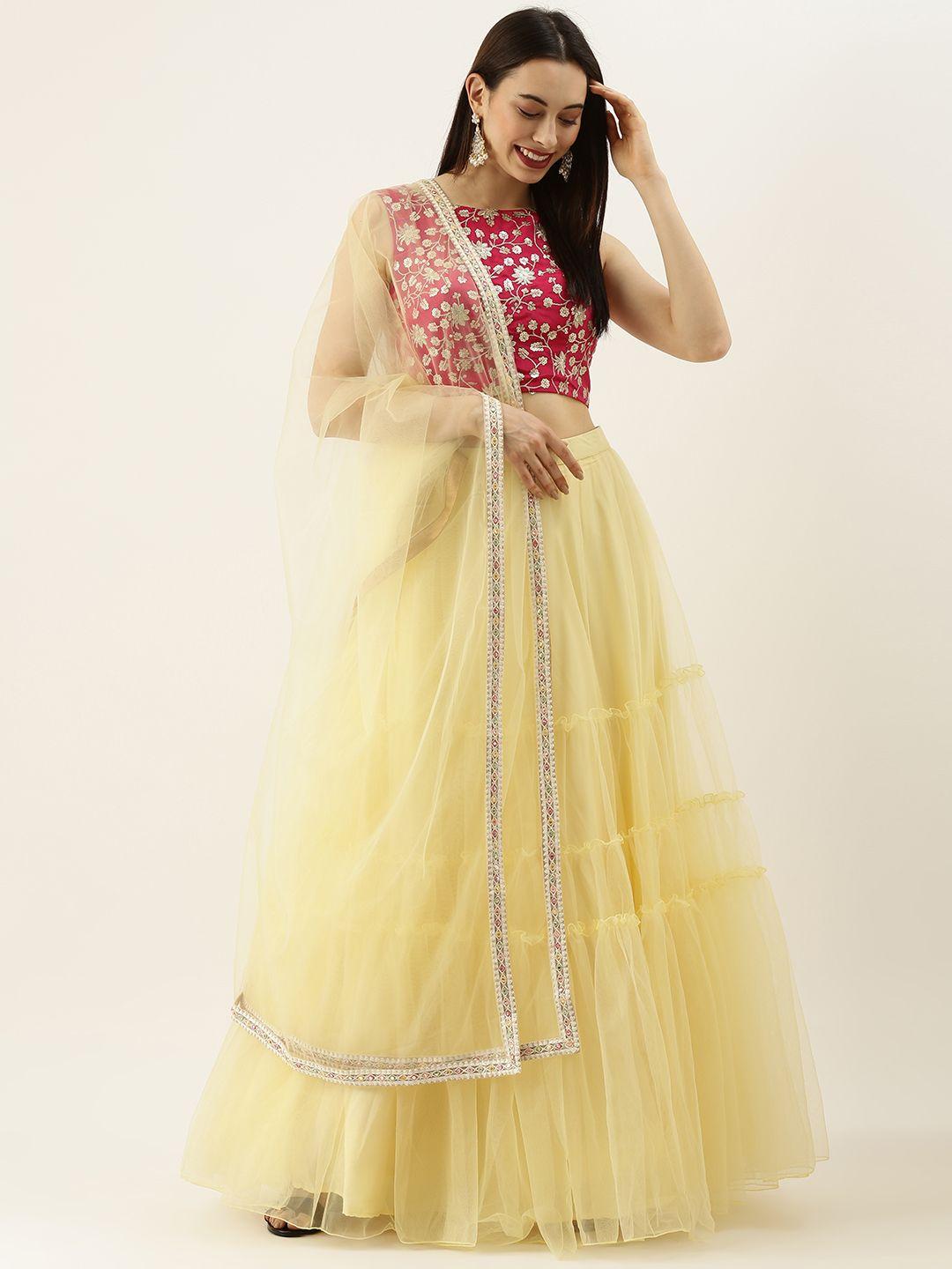 ethnovog magenta  yellow embellished sequinned made to measure lehenga  blouse with dupatta