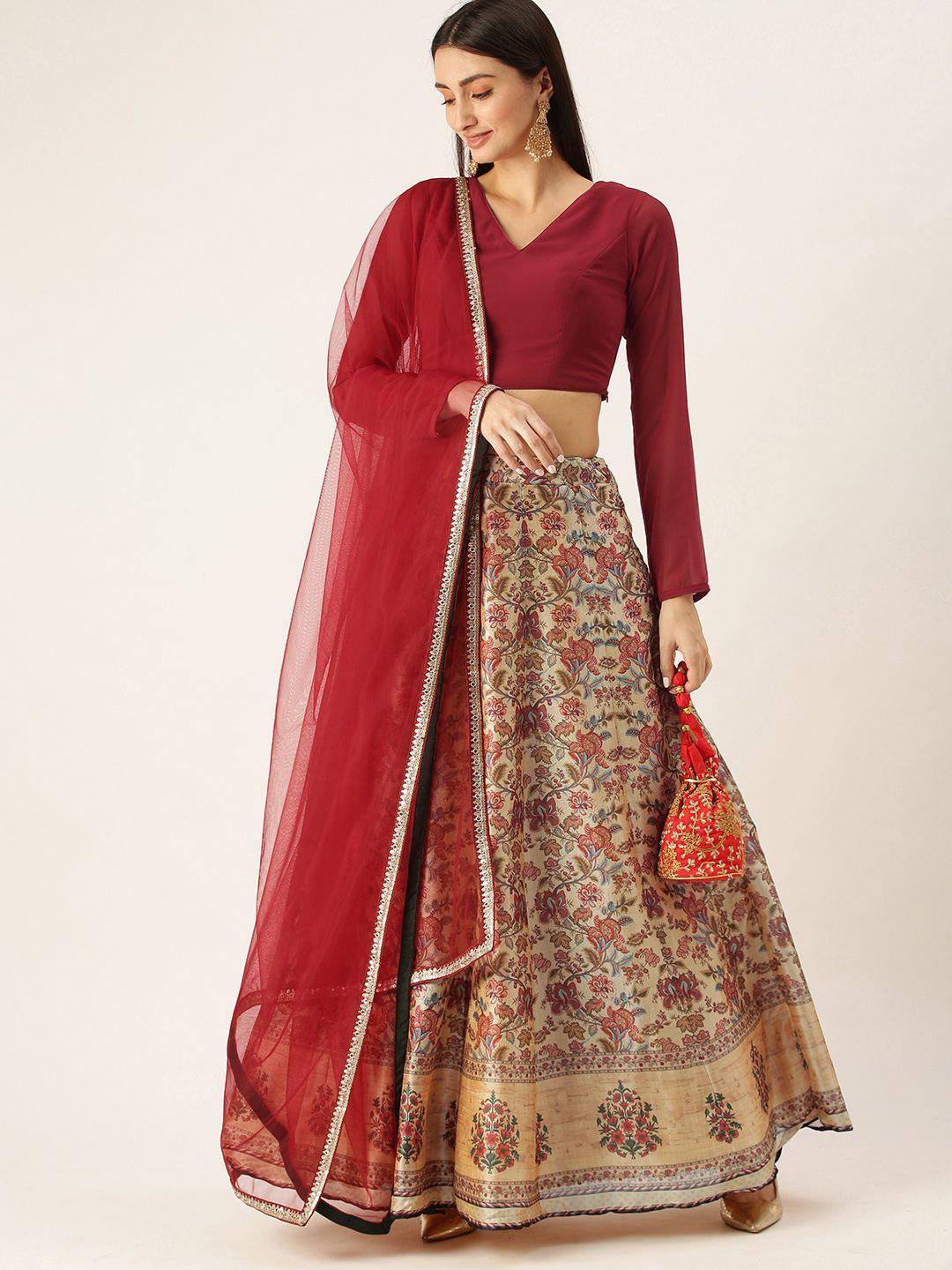 ethnovog maroon  beige ready to wear lehenga  blouse with dupatta