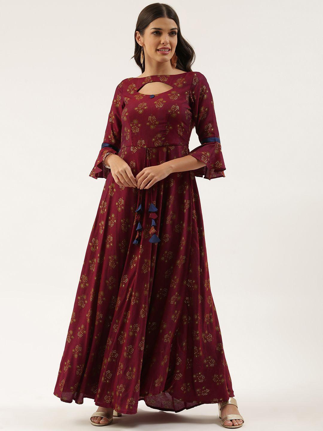 ethnovog maroon  gold floral maxi ethnic dress cut-out with tassels