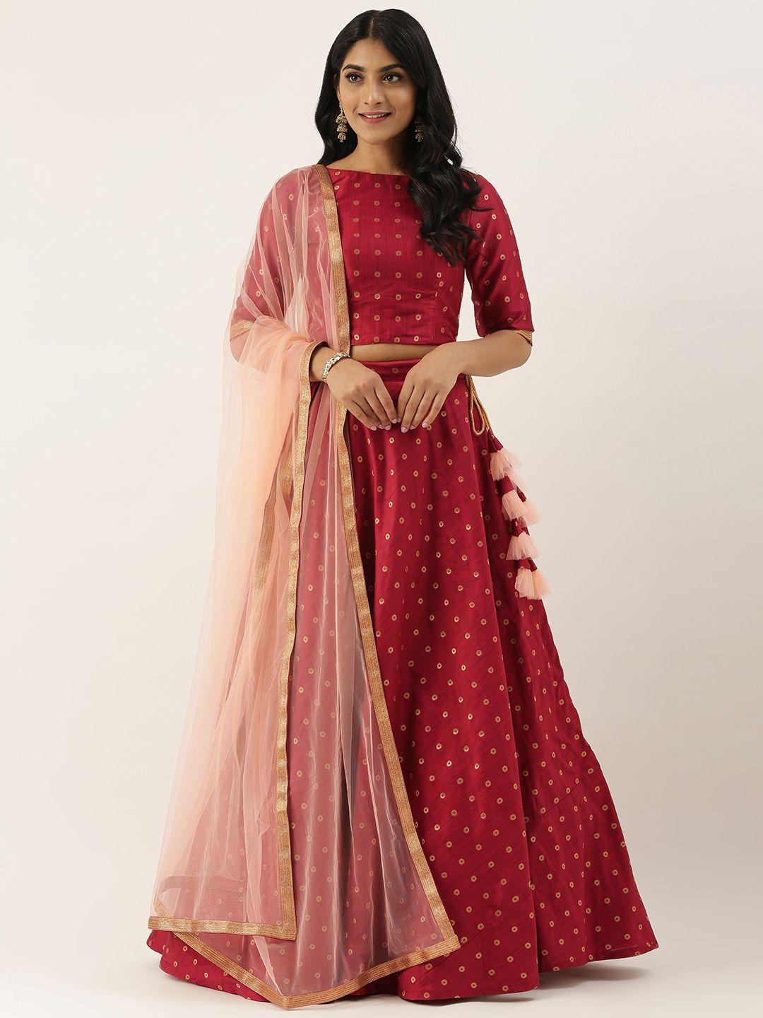 ethnovog maroon  gold-toned woven design made to measure lehenga  blouse with dupatta