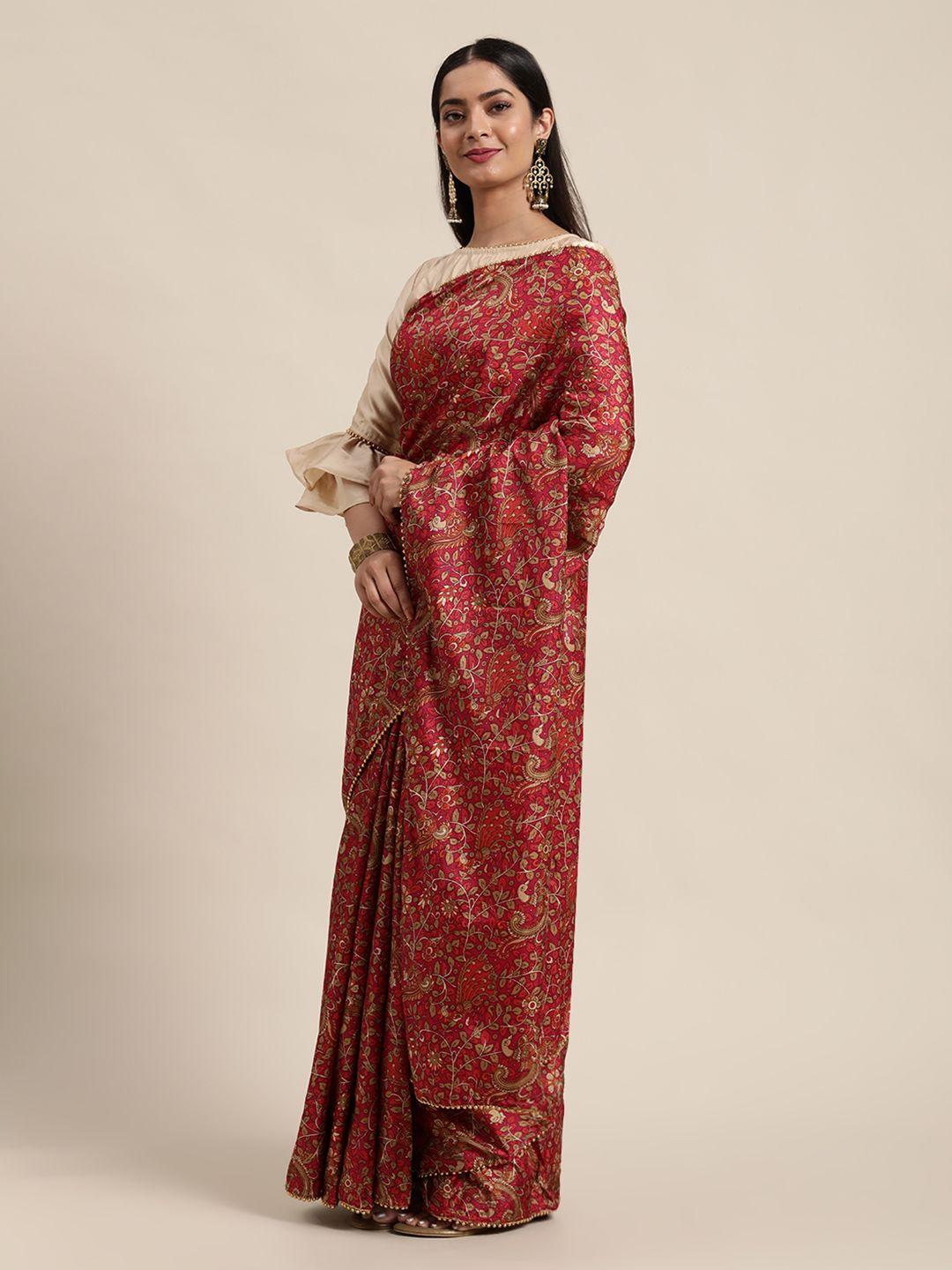 ethnovog maroon kalamkari silk blend saree