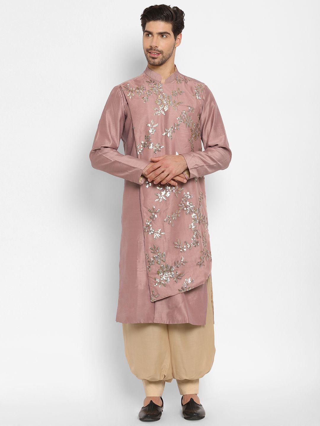 ethnovog men mauve  beige floral embroidered panelled kurta with patiala