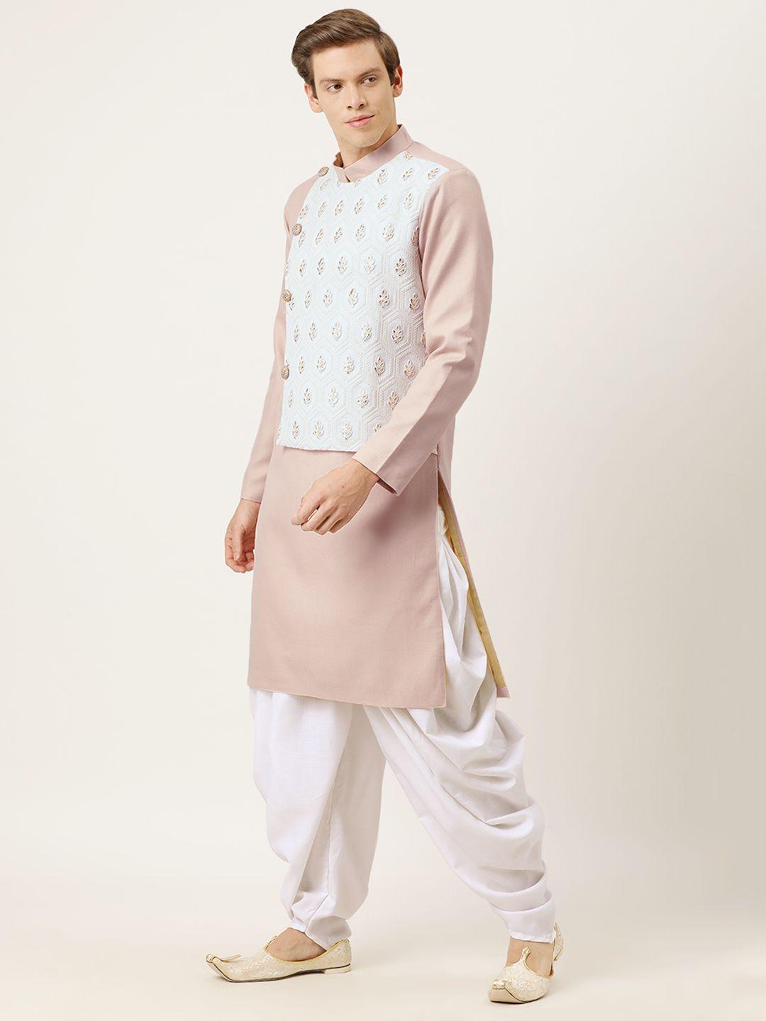 ethnovog men pink  white embroidered made to measure kurta with dhoti pants