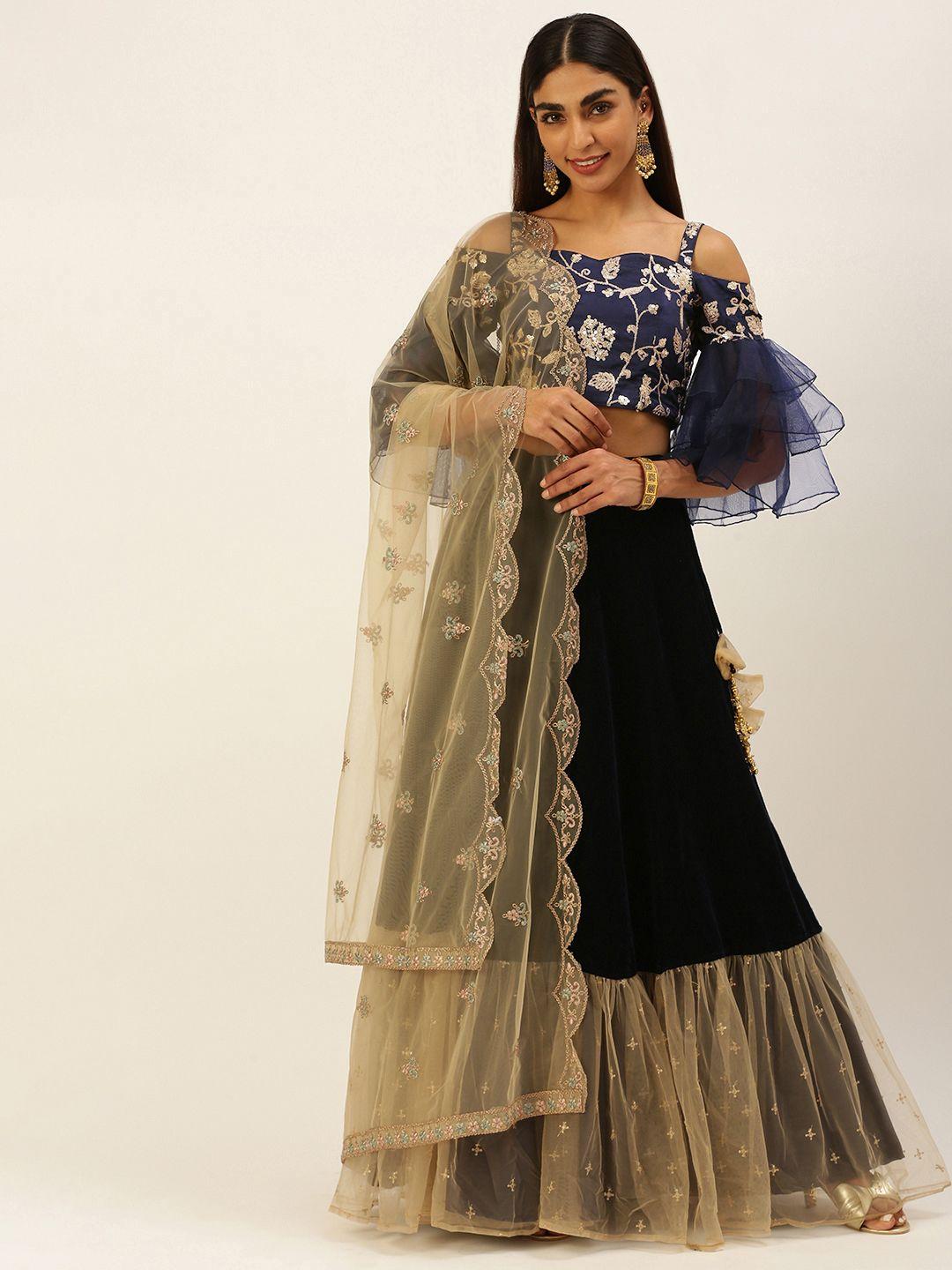 ethnovog navy blue  beige sequinned ready to wear lehenga  blouse with dupatta