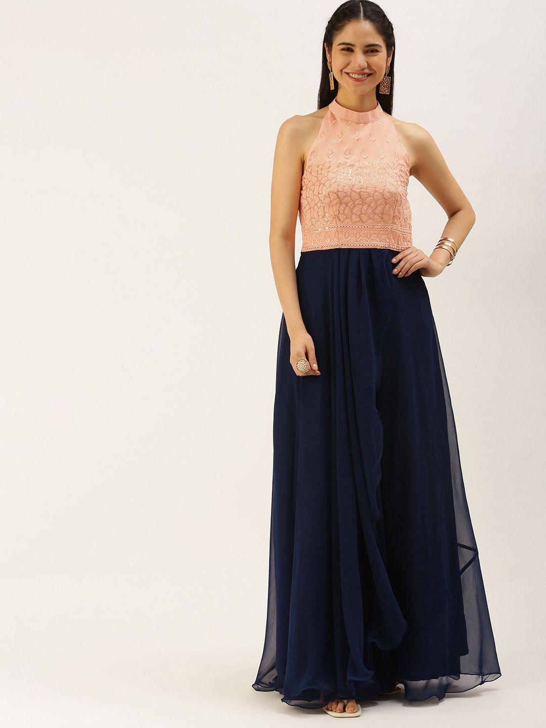 ethnovog navy blue  peach-coloured ethnic motifs embroidered halter neck georgette gown