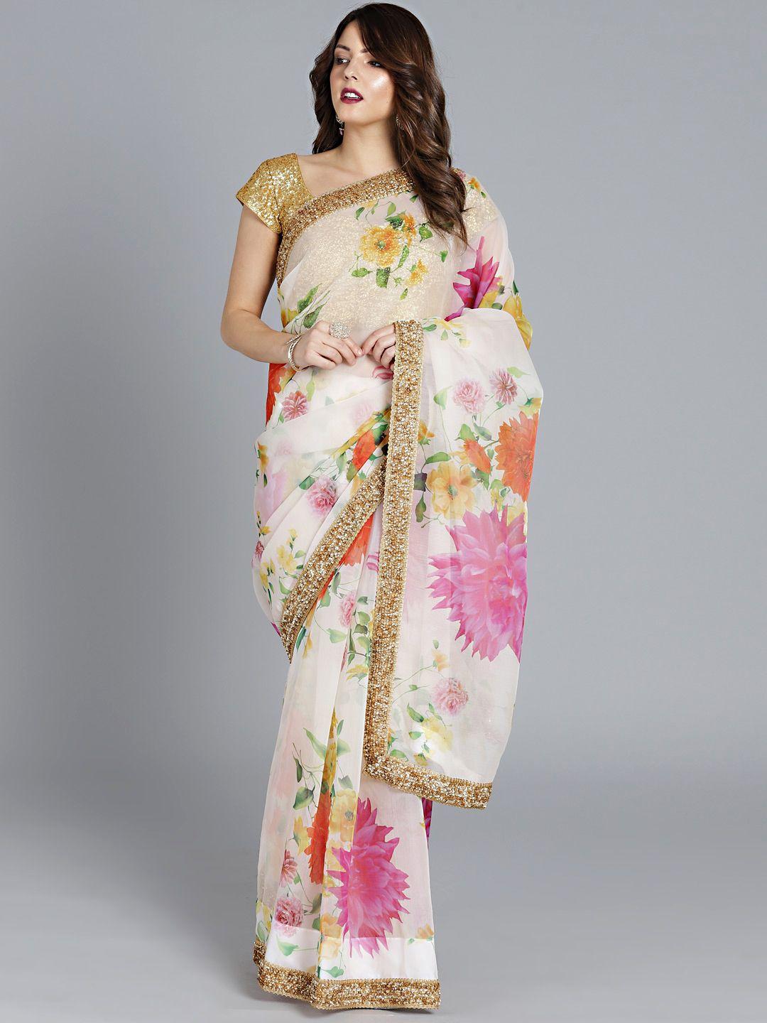 ethnovog off-white  gold-toned poly georgette printed saree