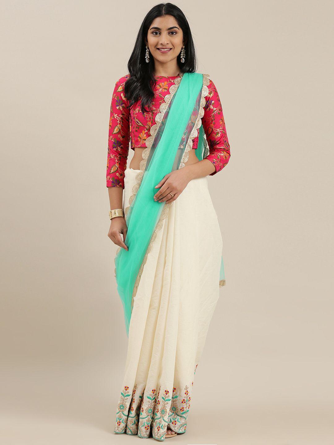 ethnovog off-white  turquoise blue embroidered made to measure half and half saree