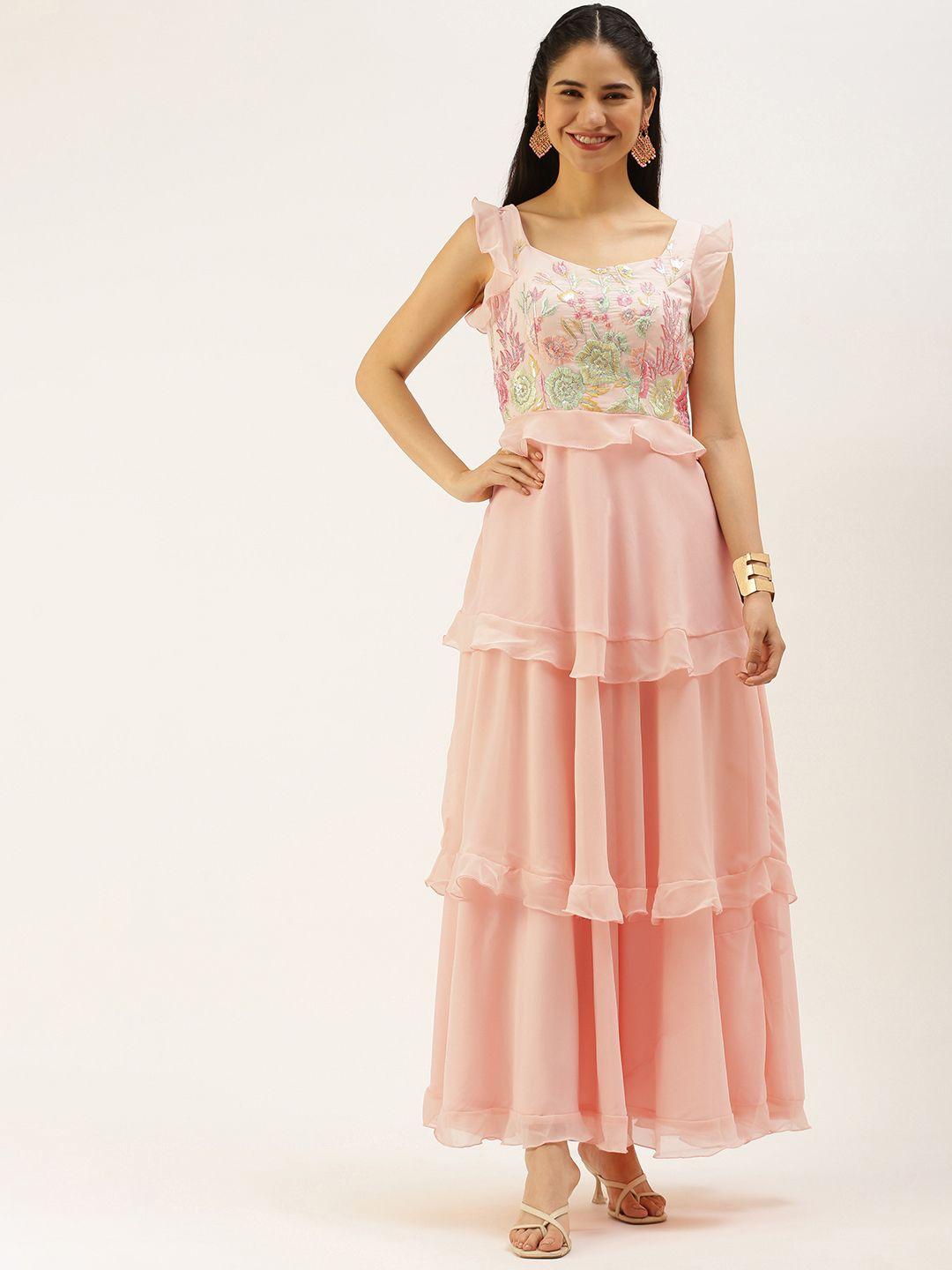ethnovog peach-coloured  green floral embroidered georgette maxi padded dress