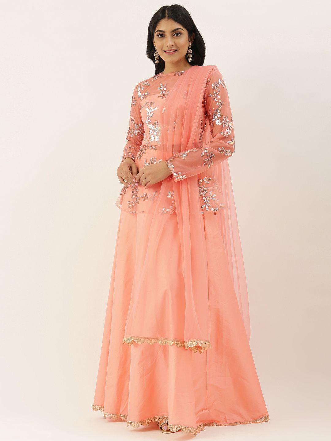 ethnovog peach-coloured  silver-toned embellished unstitched lehenga  made to measure blouse with dupatta