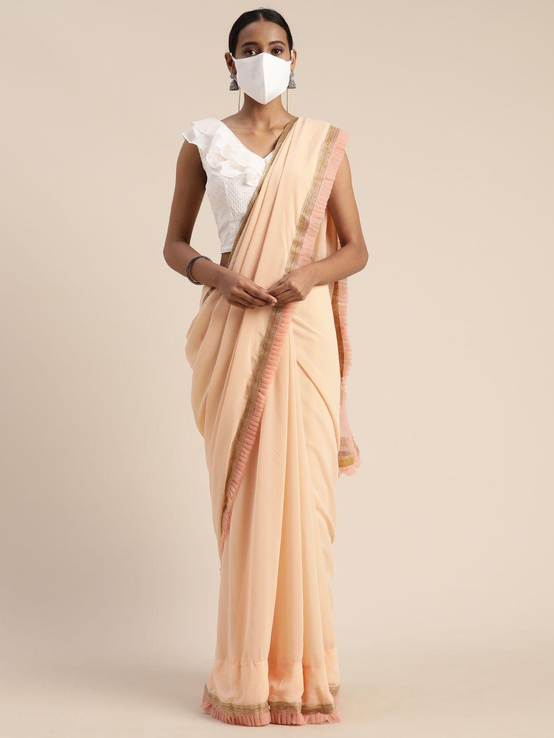 ethnovog peach-coloured  white poly georgette embellished saree