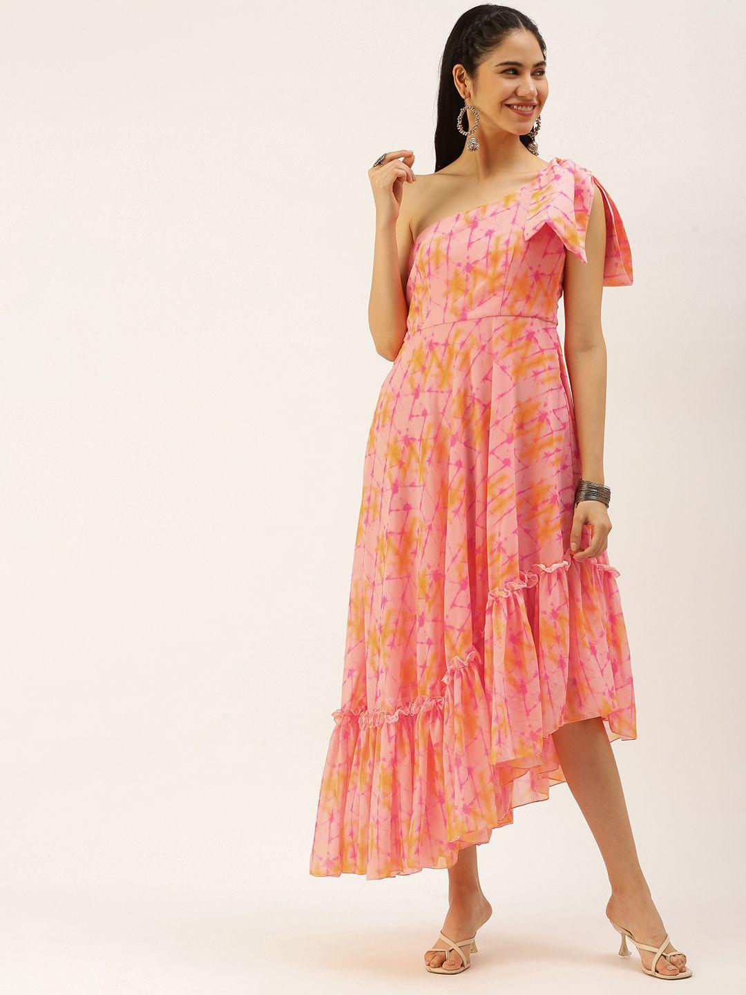 ethnovog peach-coloured  yellow geometric digital print georgette a-line midi dress