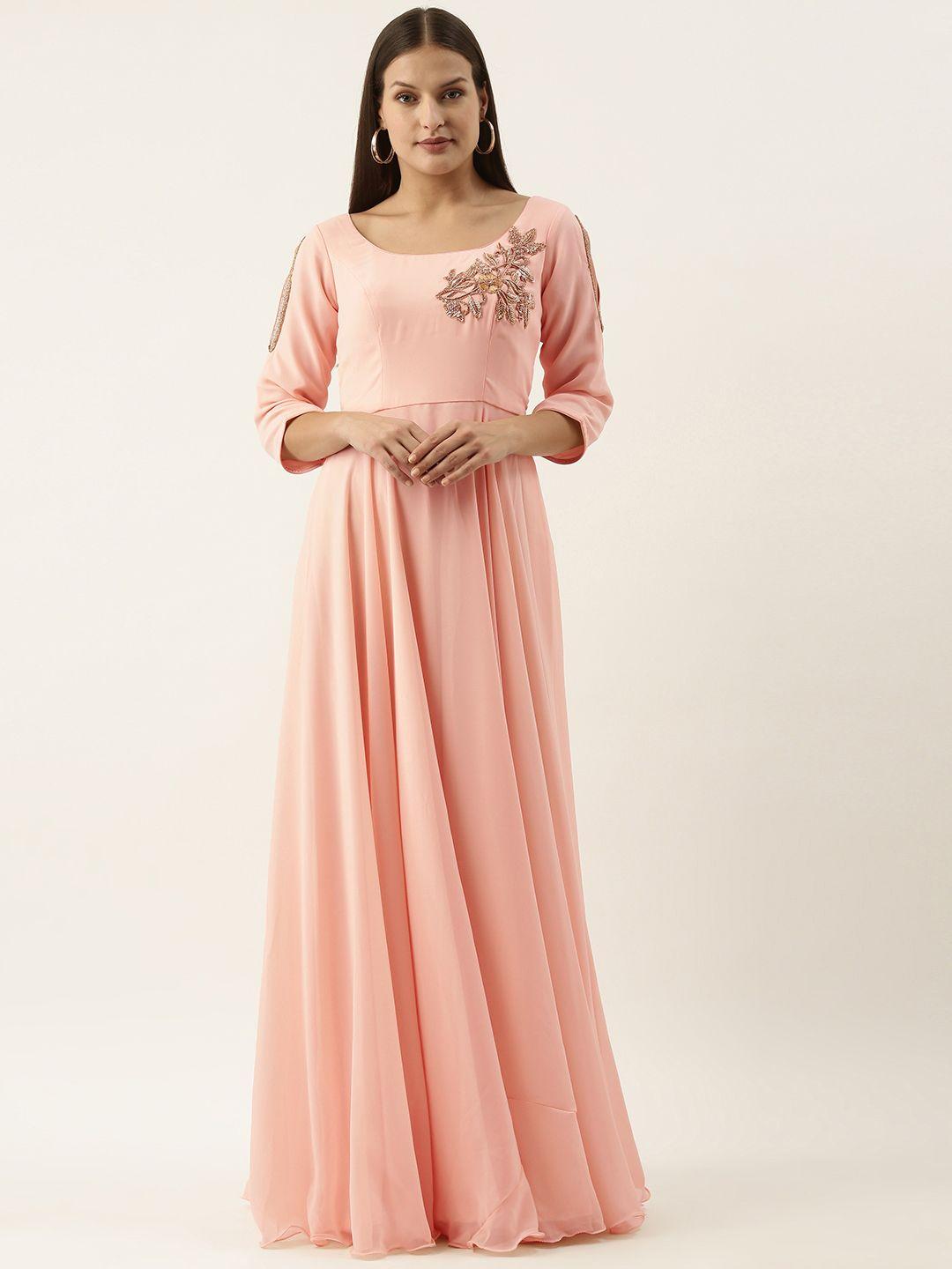 ethnovog peach-coloured embellished detail georgette maxi dress