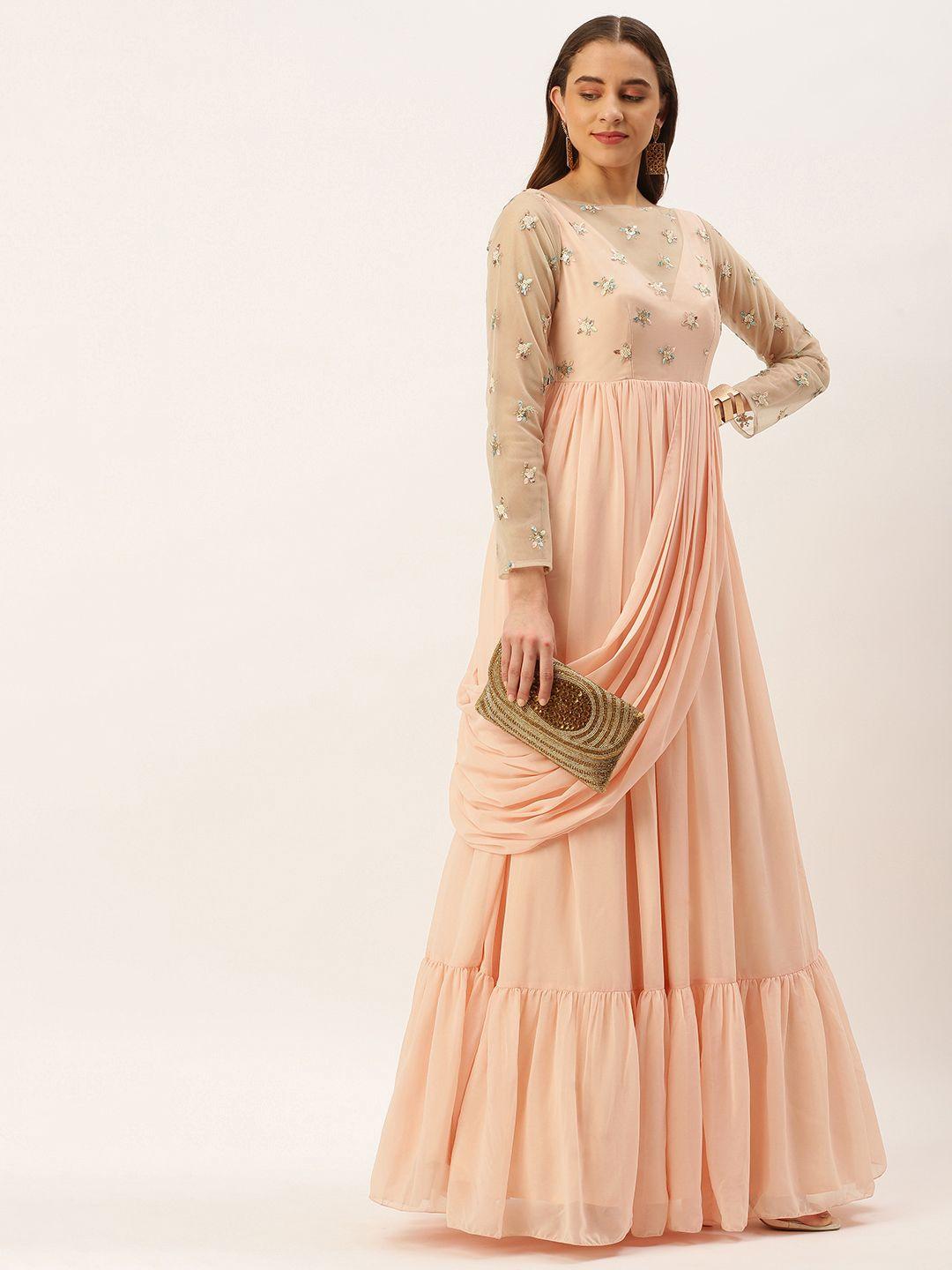 ethnovog peach-coloured embellished georgette maxi dress