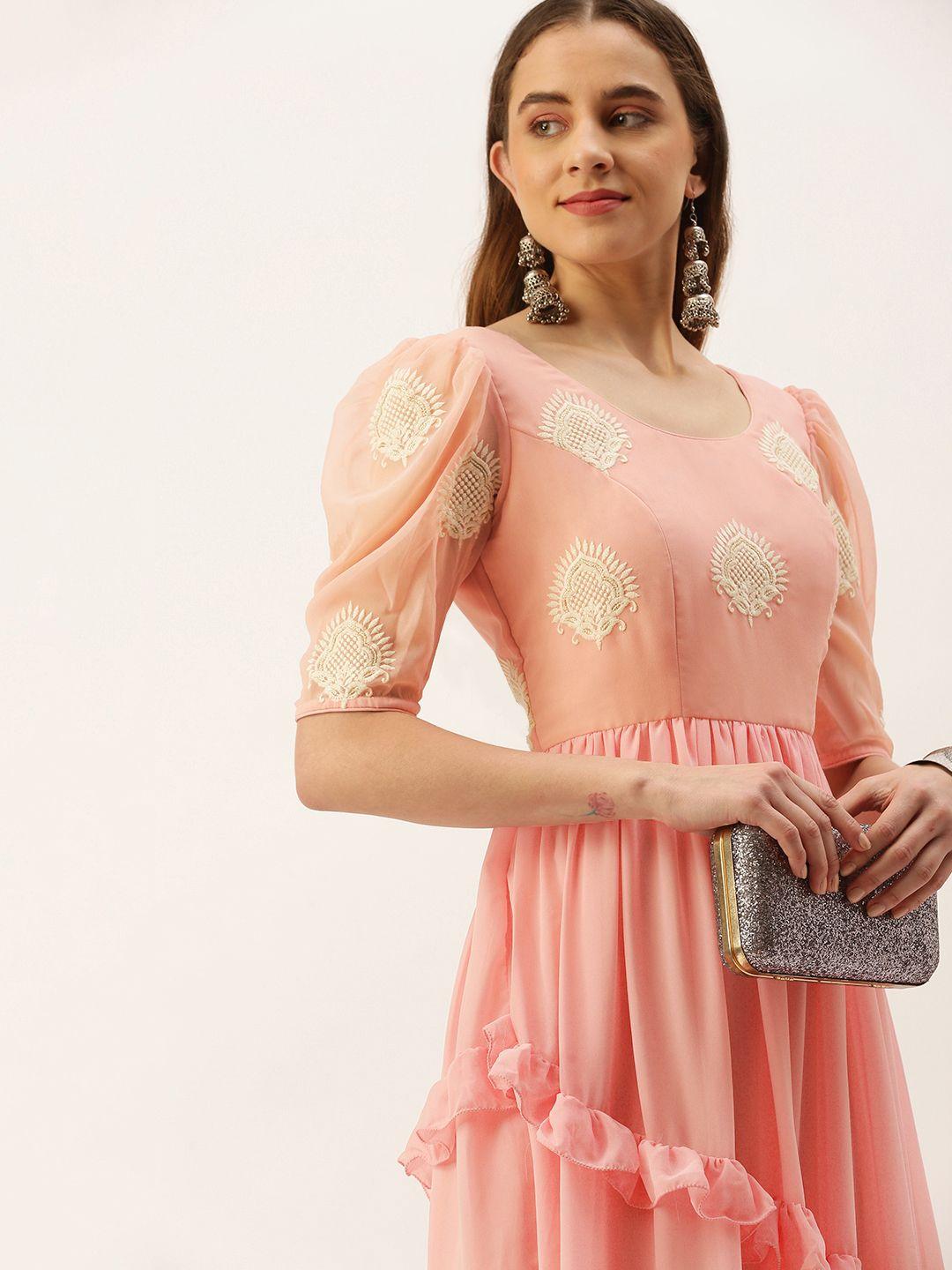 ethnovog pink & off white ethnic motifs embroidered georgette ethnic maxi dress