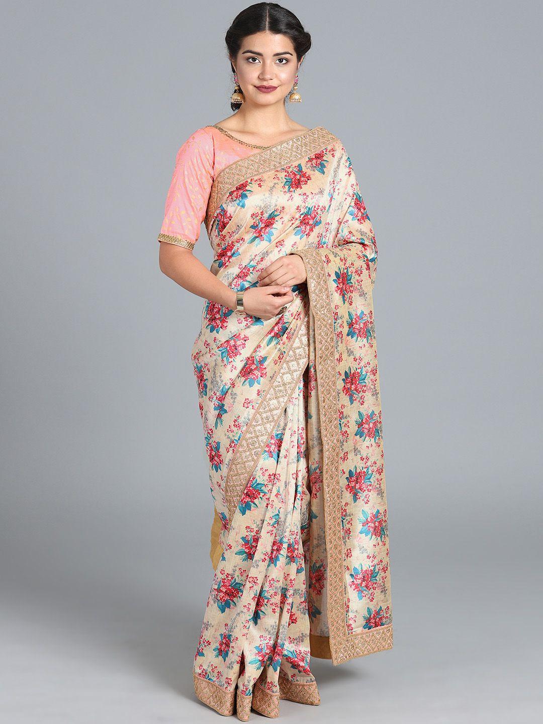 ethnovog pink  beige silk cotton printed saree