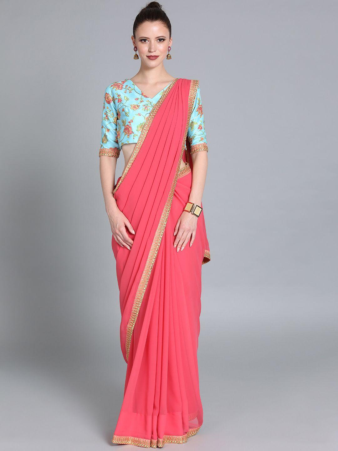 ethnovog pink  blue poly georgette solid made to measure saree