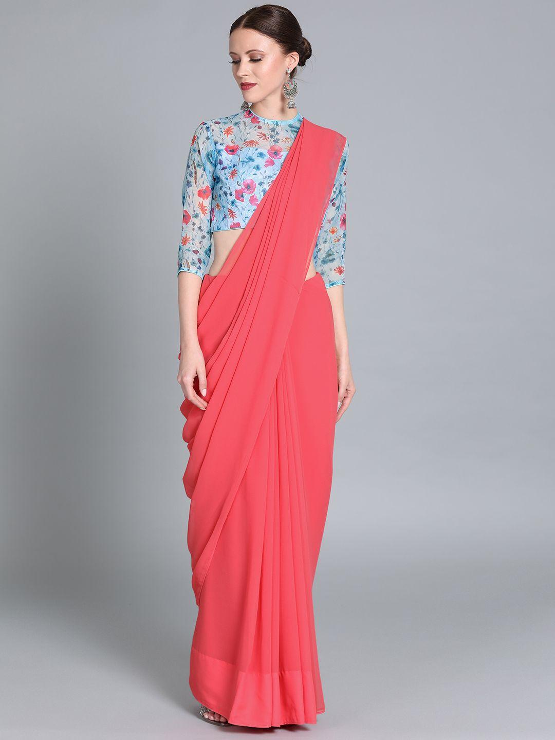 ethnovog pink  blue poly georgette solid saree