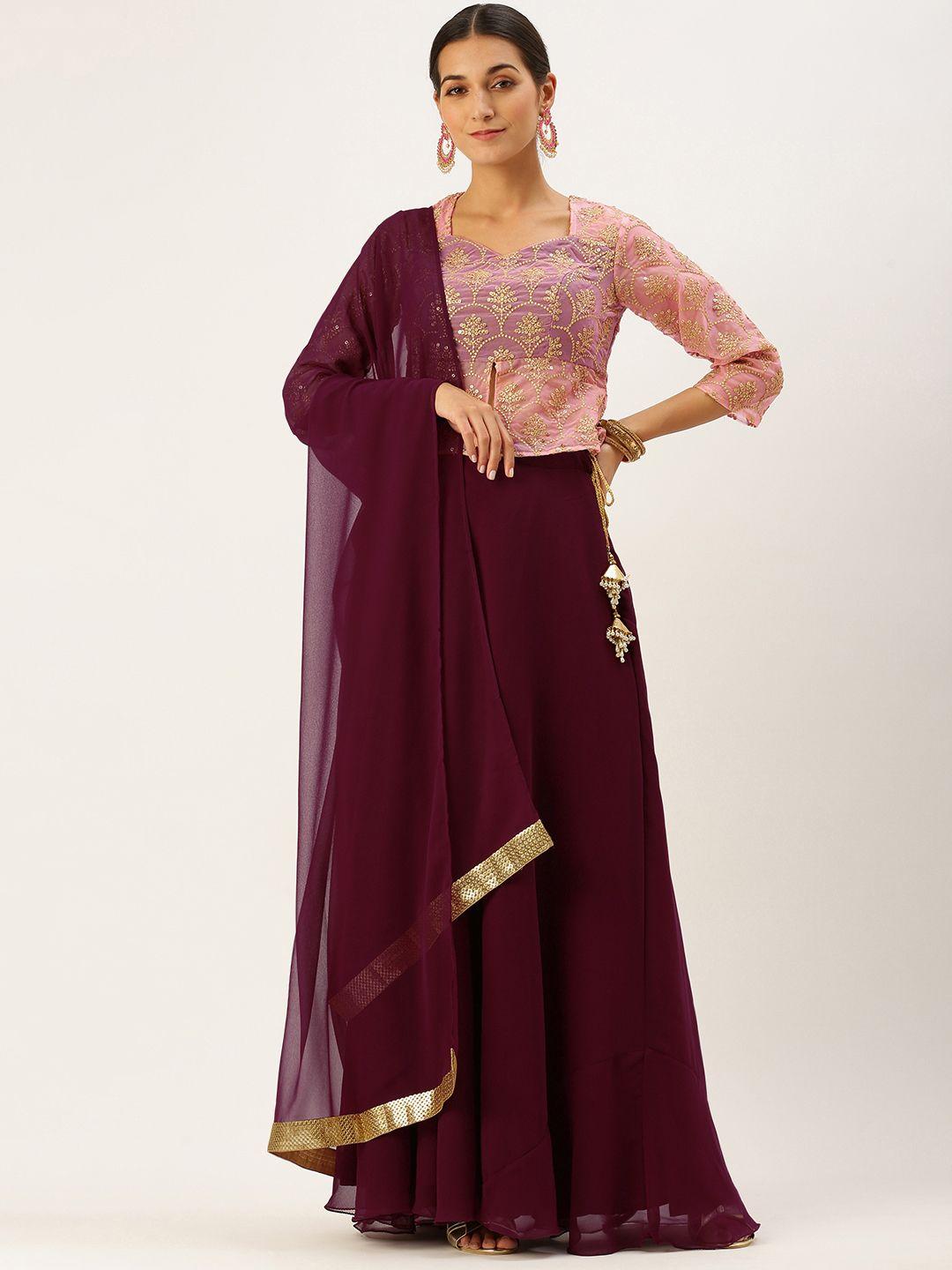 ethnovog pink  burgundy sequinned made to measure lehenga  blouse with dupatta