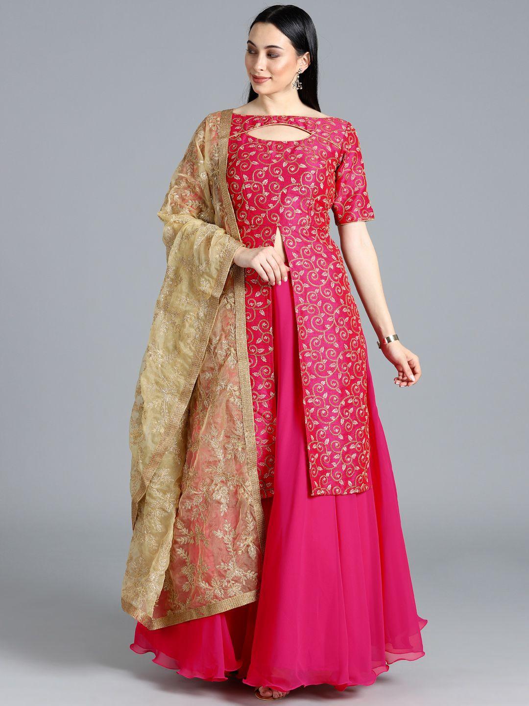 ethnovog pink  gold-toned embroidered made to measure lehenga  kurta with dupatta