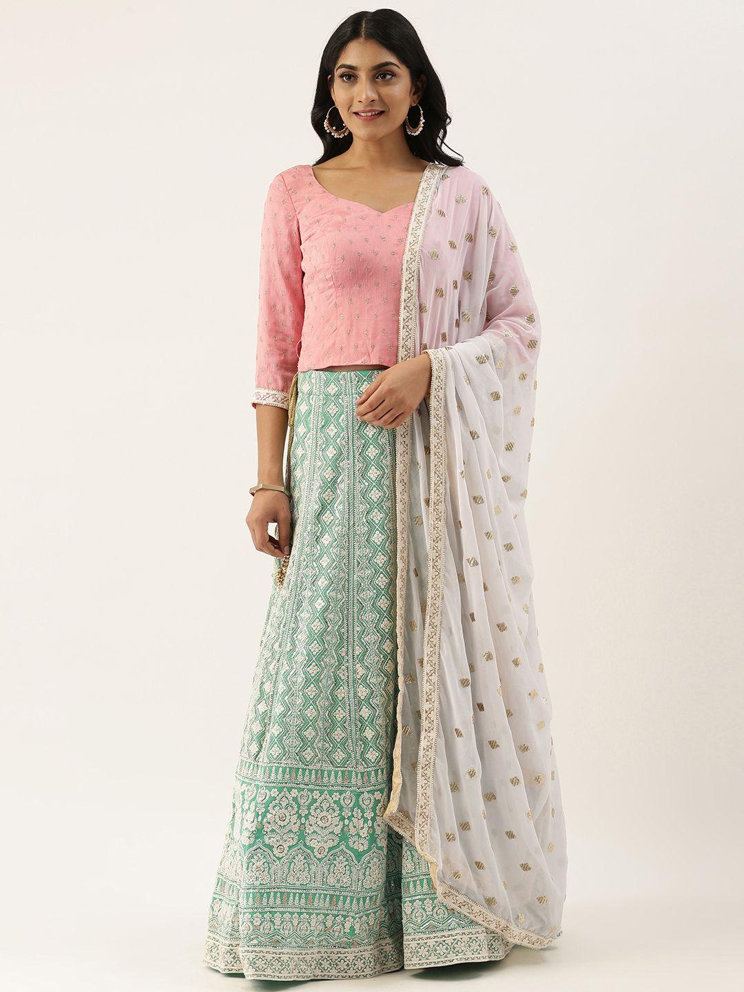 ethnovog pink  green embroidered made to measure lehenga  blouse with dupatta