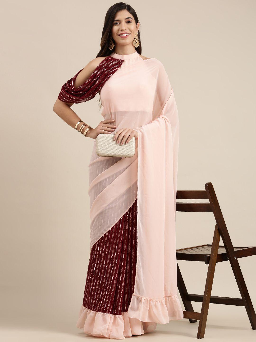 ethnovog pink  maroon sequinned half and half saree