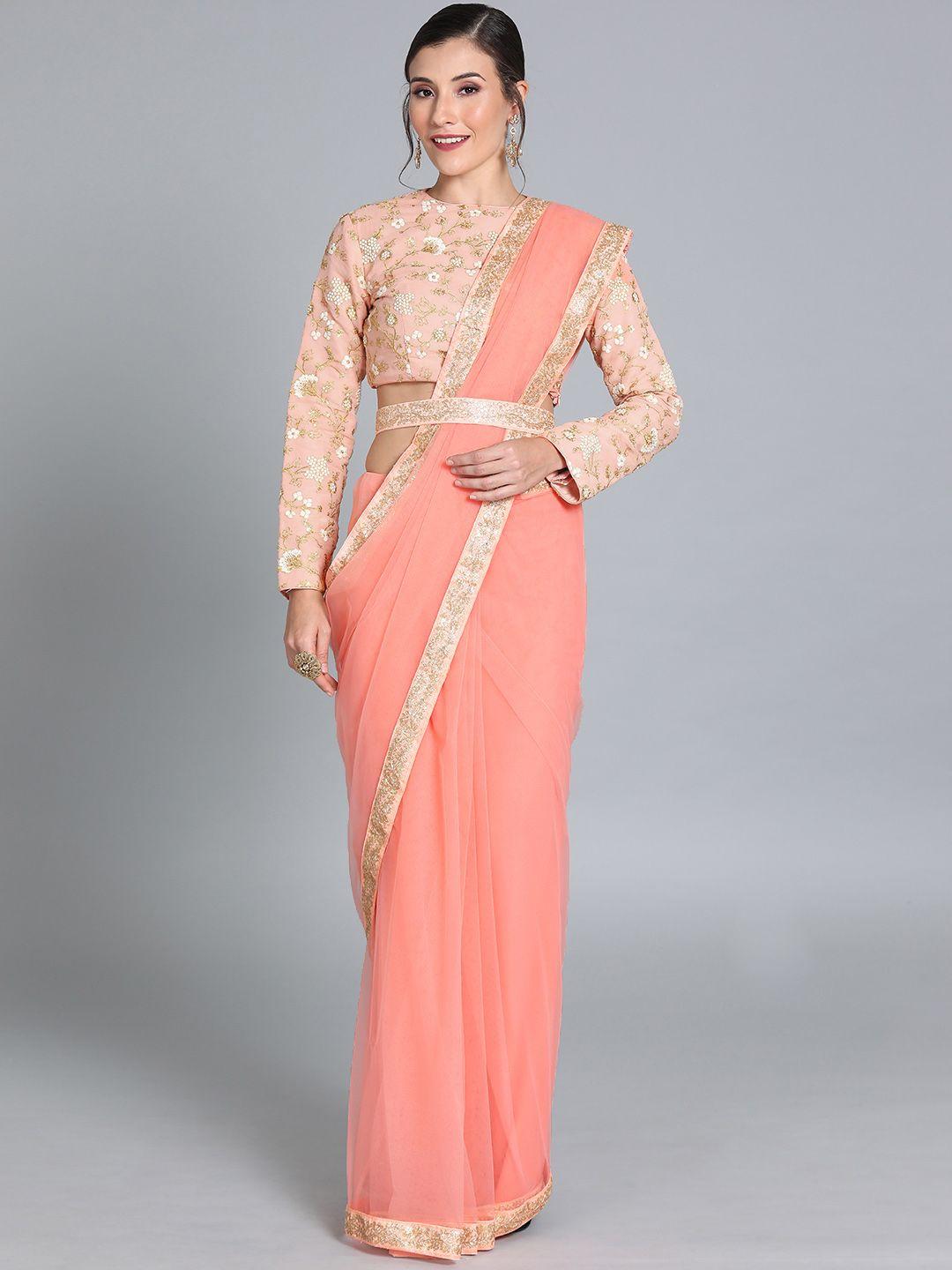 ethnovog pink  peach-coloured net made to measure solid saree