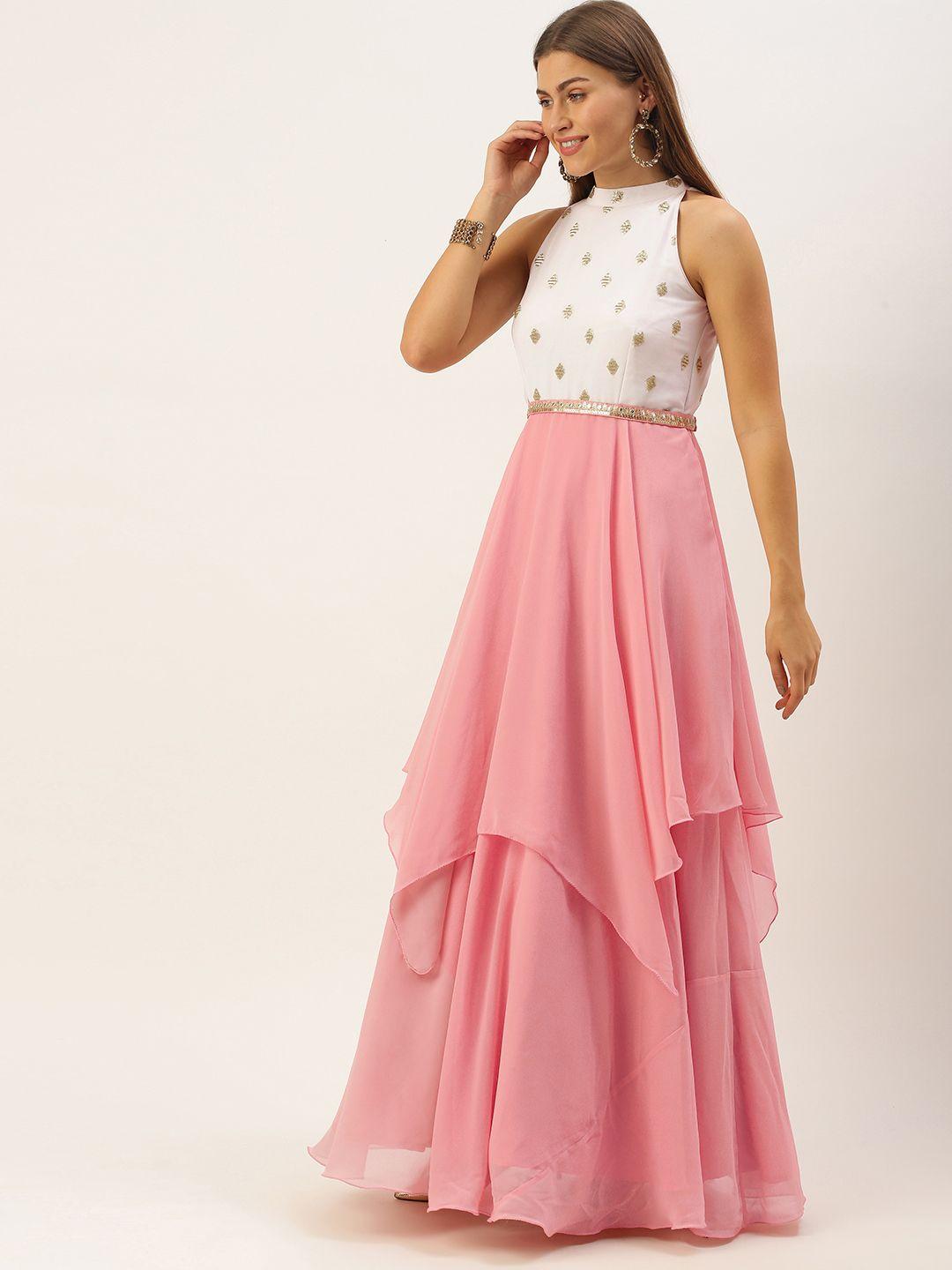 ethnovog pink  white embroidered georgette maxi dress