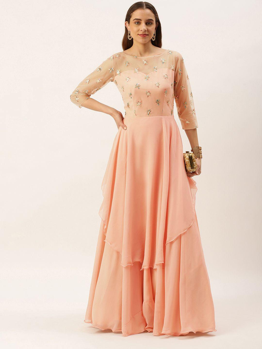 ethnovog pink embellished georgette ethnic maxi dress