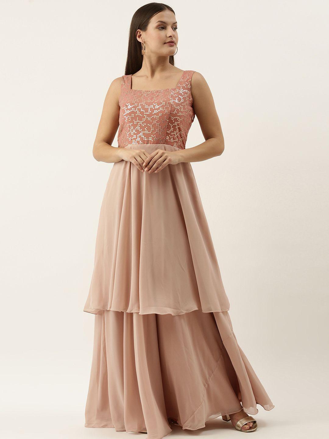 ethnovog pink embellished layered georgette ethnic maxi dress