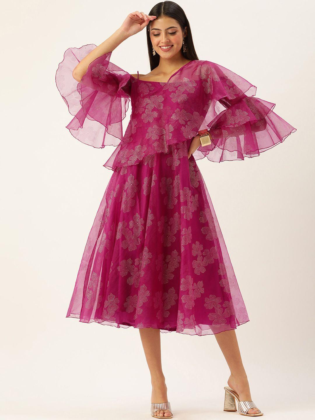 ethnovog pink embellished one shoulder layered dress