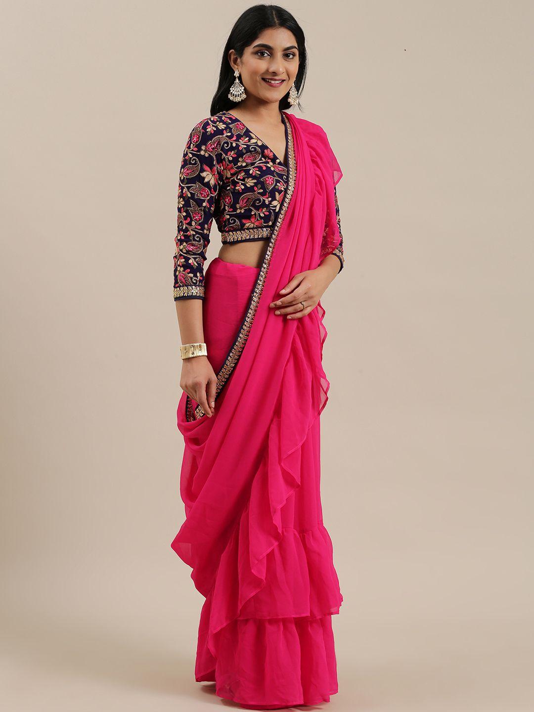 ethnovog pink solid ruffles saree