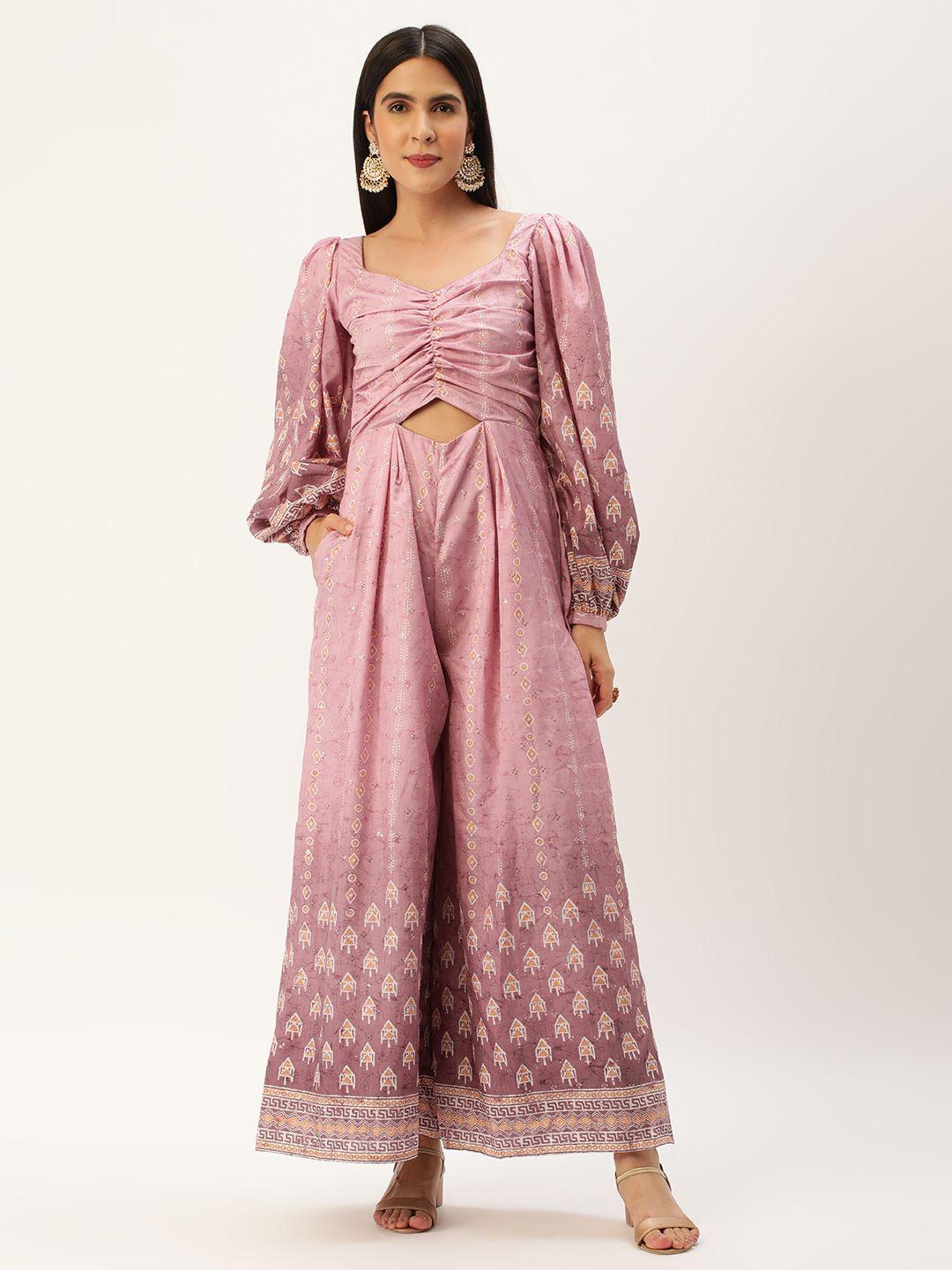 ethnovog printed puff sleeves sweetheart neck culotte ethnic jumpsuit with cut-out detail