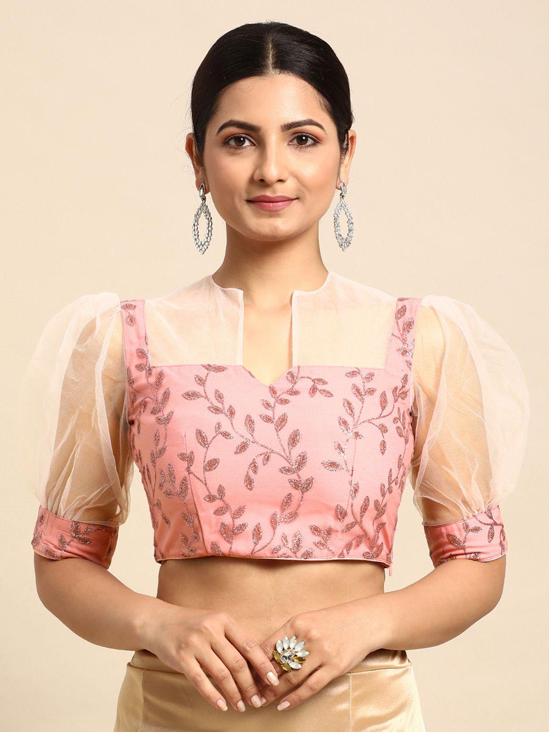 ethnovog printed zari net ready to wear saree blouse
